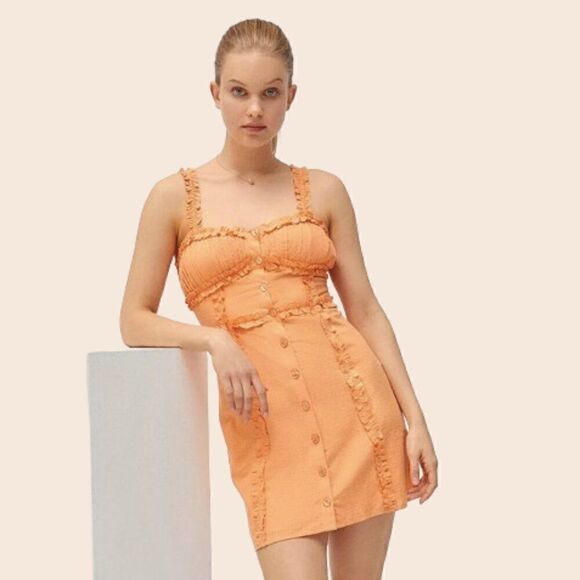 UO Luxe Dreams Orange Button-Front Ruffle Mini Dress Size Small - Picture 1 of 13